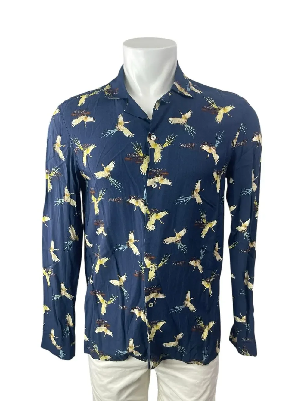 Zara Men's Blue Bird Graphic Long Sleeve Slim Fit Button Down Shirt Top Size S